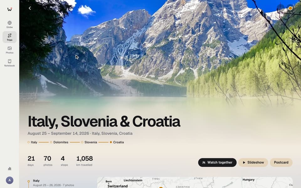 Preview of the demo: the page of the trip “Italy, Slovenia & Croatia”, with its mountain lake cover.