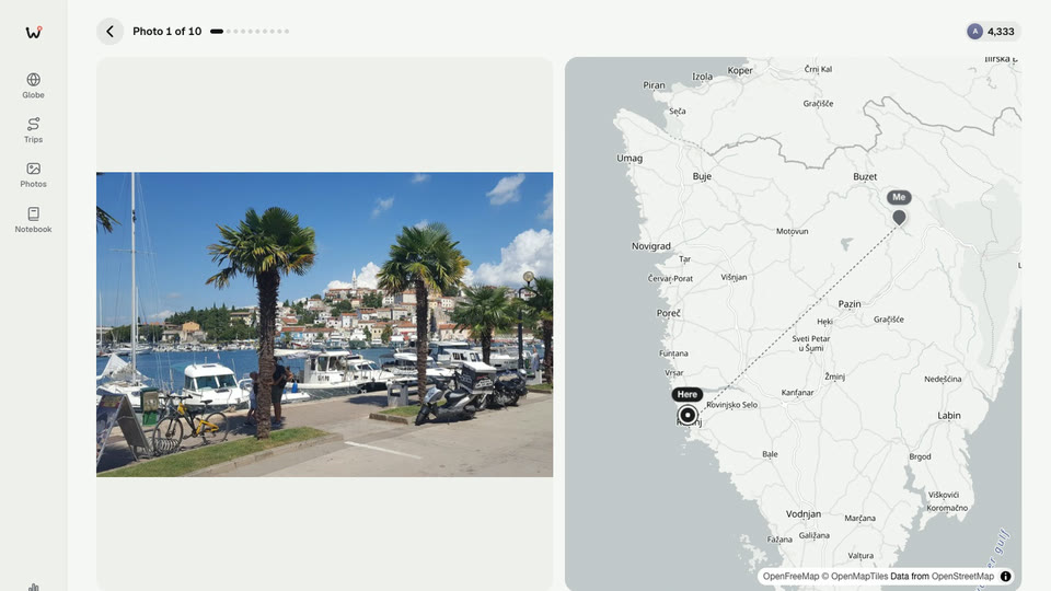 A round of “Where was it?”: a harbour photo next to a map of Istria, with the player’s pin 43 km from the real place.