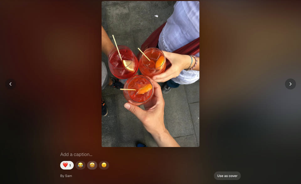Watching together: three glasses raised in a toast, shown full screen, with a heart reaction from the other person.