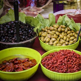 Olives and dried tomatoes at the Ortigia market
